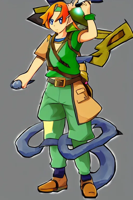 Image similar to an in game portrait of link as a pokemon trainer from pokemon arceus, pokemon arceus art style.