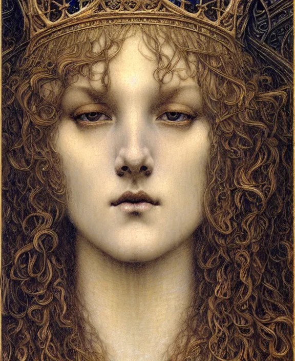 Image similar to detailed realistic beautiful young medieval queen face portrait by jean delville, gustave dore and marco mazzoni, art nouveau, symbolist, visionary, gothic, pre - raphaelite. horizontal symmetry