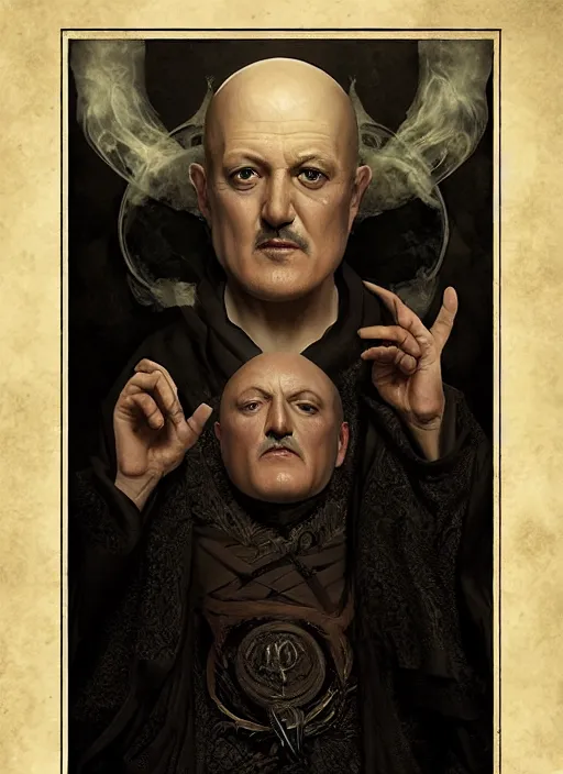 Prompt: pedro pascal as aleister crowley the grand mage of thelema. art by tom bagshaw and greg danton and manuel sanjulian