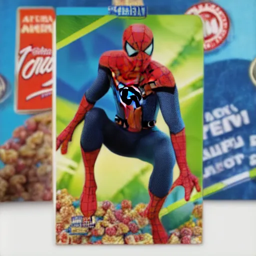 Image similar to spider-man on a cereal box, 8k realistic photo