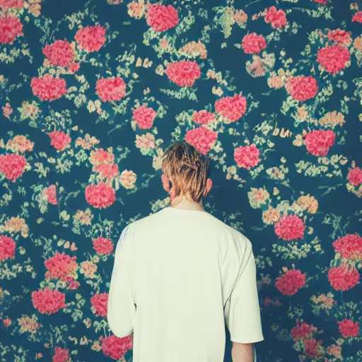 Image similar to kodak portra 4 0 0 photograph of a skinny blonde guy standing in front of floral wallpaper, back view, moody lighting, telephoto, 9 0 s vibe, blurry background, vaporwave colors, faded!,