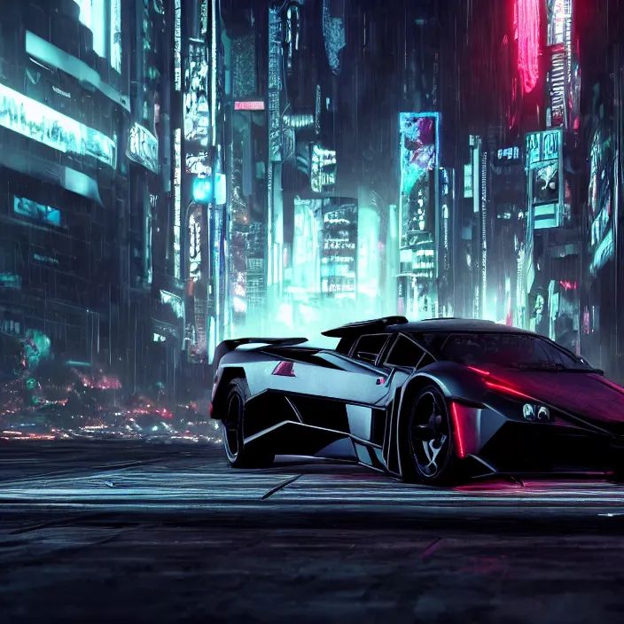 Image similar to dark cyberpunk car lamborgini counatch, in drak style cyberpunk city. by neill blomkamp director film, by chris labrooy. extreamly detailed, photorealism, photography, raytracing, 8 k, octane render, hyperrealism, perfect composition, art top in artstation, rendered in rtx, ssao, fxaa, unreal engine