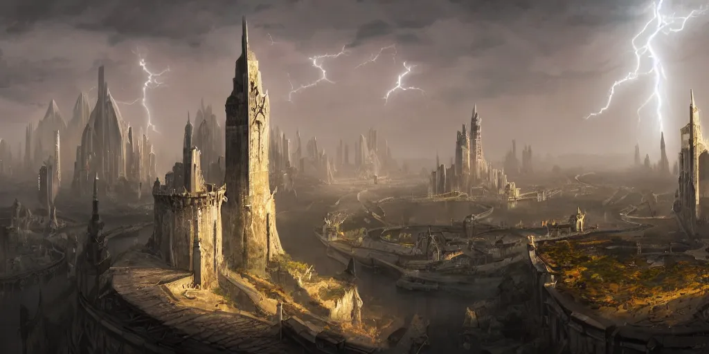 Image similar to Large fantasy round capital city with a white tower in the middle, city is situated on the river, Lord Of The Rings architecture. In style of Hyung-tae Kim, Greg Rutkowski and Larry Elmore, concept art, trending on ArtStation, Korean MMORPG, over-detailed art, 8K, epic, dynamic lightning, scenery, .