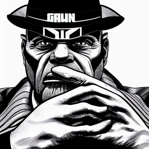 Image similar to president thanos black and white cell shaded digital artwork in the style of grand theft auto five cover art