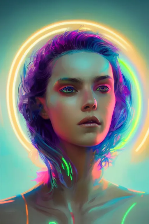 Image similar to a award winning portrait of a beautiful woman with stunning eyes in a one off shoulder crop top and cargo pants with rainbow colored hair, outlined by whirling illuminated neon lines and fine lines swirling in circles by greg rutkowski, digital art, trending on artstation