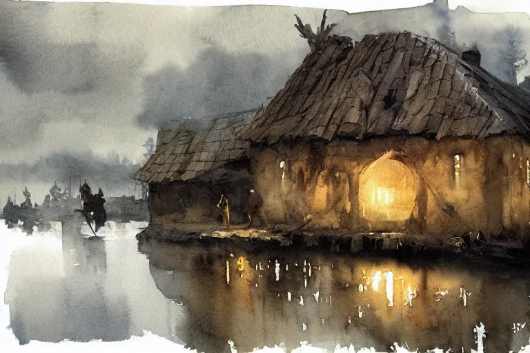 Prompt: abstract watercolor painting of hedonic scandinavian king house, in stone, straw roof, war lord, magical and traditional, reflective river, crisp daylight, midday, cinematic light, national romanticism by anders zorn, by greg rutkowski, by greg manchess