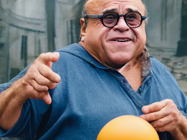 Prompt: danny devito as thanos holding up an egg, cinematic, anamorphic, dramatic, 4 0 mm f / 2. 8