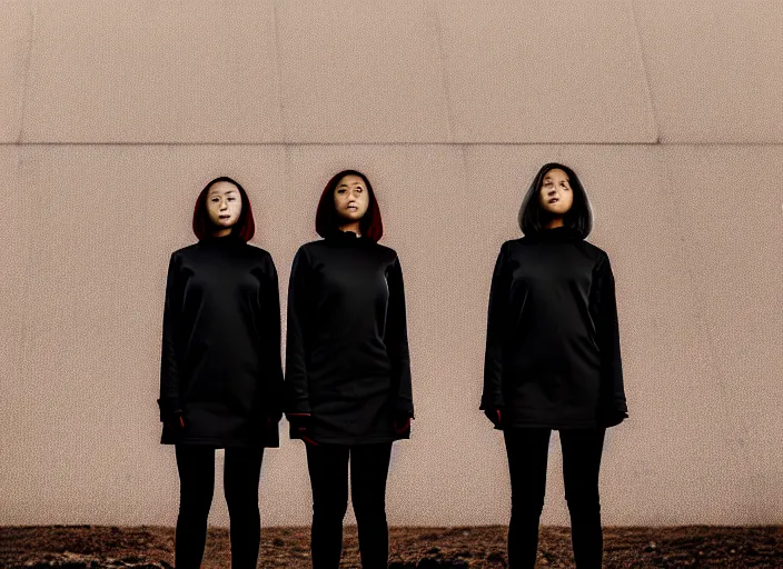 Prompt: closeup photographic portrait of 2 clones in front of a brutalist metal building, 2 techwear women, on a desolate plain, red sky, black oversized clothes, sigma 8 5 mm f / 1. 4, 4 k, depth of field, 8 k, high resolution, hd, full color