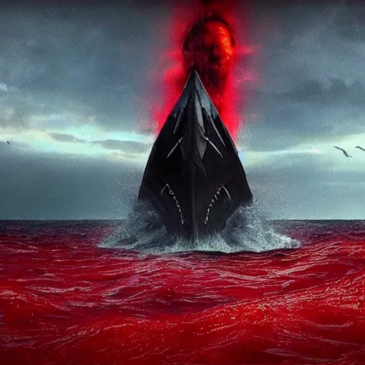 Image similar to anti - christ rising from a red ocean. ominous. vivid color detailed photograph from a 2 0 2 0 s blockbuster vfx horror movie. a small capsized boat in the background.