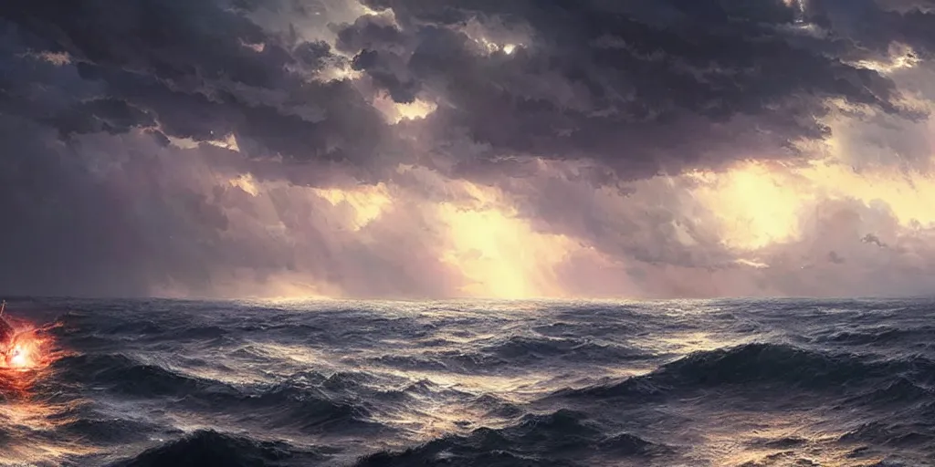 Image similar to A violent storm at sea, fork lightning, sunset, shafts of sunlight, magical, foreboding and epic, digital art by Greg Rutkowski and Studio Ghibli