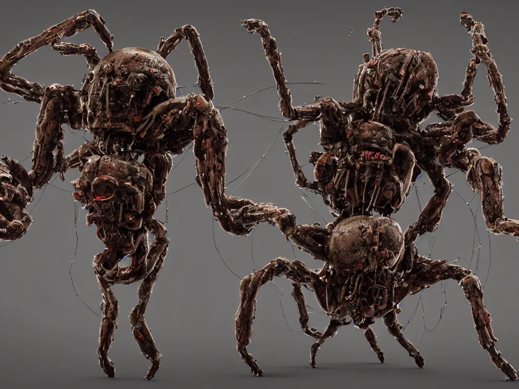 Image similar to Techno-biological iron-meat spider with big artillery cannon in his torso. Consisting of tumors, veins, guts, long spider paws, kidneys, wires, shafts. The head is made of mechanisms and a fanged maw. Bodyhorror, biopunk, extremely high detail, ultra realistic, photorealism, concept art, octane render, view from a distance, 8k, 16k