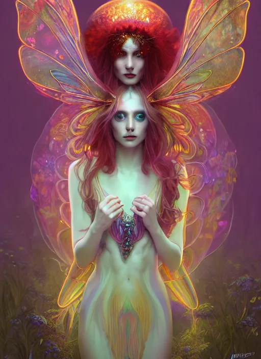 Image similar to stunningly beautiful female faerie priestess in amanita muscaria forest landscape, symmetrical wings on back, neon hair, fantasy art, wearing a dress of gossamer gold, inner glow, dark light night, sharp focus, digital painting, 4 k, concept art, art by wlop, greg rutkowski and alphonse mucha, brom, face by otto schmidt