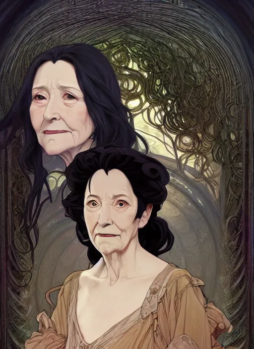 Image similar to wizened old witch with curly shiny shimmering black hair, path traced, highly detailed, high quality, digital painting, by studio ghibli and alphonse mucha, leesha hannigan, hidari, disney