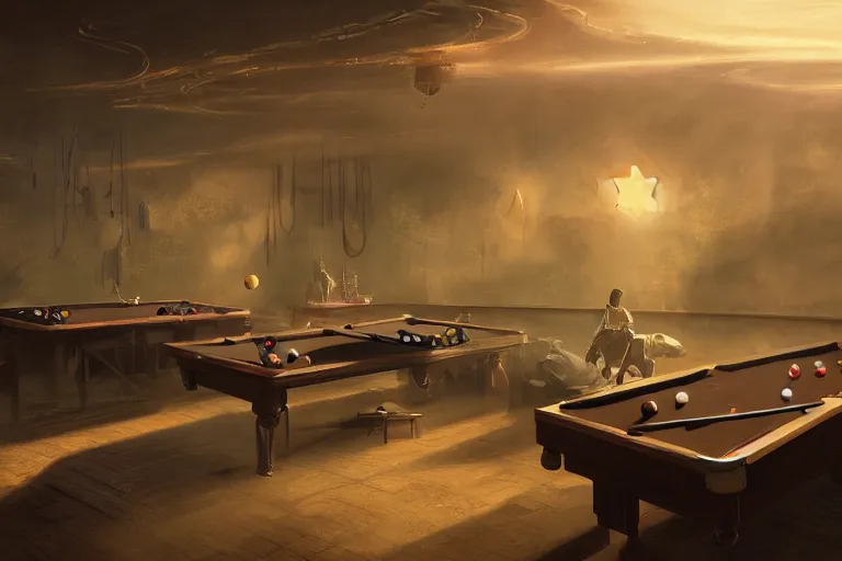 Prompt: a billiards table with planets for balls, matte painting, long shot, concept art, wide shot, digital art, trending on artstation, 4 k, extremely detailed, realistic, midday, warm colors, golden sunlight, by greg rutkowski, cinematic, epic