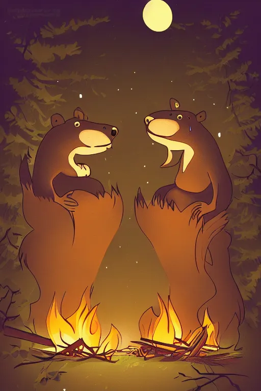 Image similar to an illustration of two evil beavers sitting next to a campfire in a dark forest at night, epid, digital drawing, vector art, beautiful, highly detailed