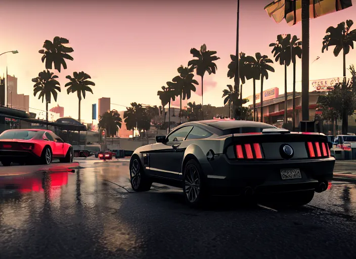 Prompt: still next - gen ps 5 game grand theft auto 6 2 0 2 4 remaster, graphics mods, rain, red sunset, people, reflections, gta vi, miami, palms and miami buildings, screenshot, unreal engine, 4 k, 5 0 mm bokeh, close - up ford mustang, gta vice city remastered, rtx, artstation