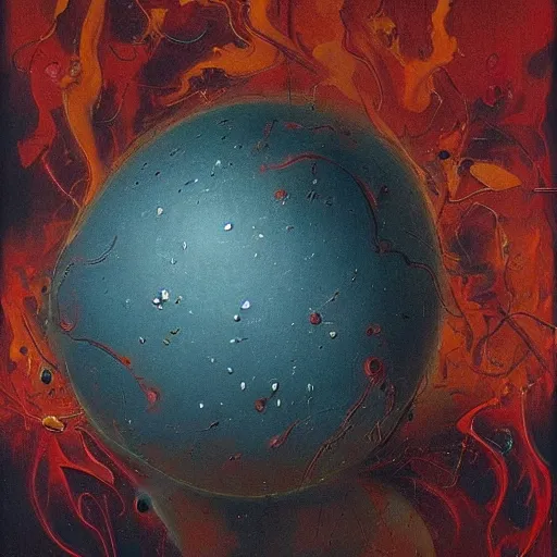 Image similar to a sphere being devoured by abstract splatters of paint in the style of francis bacon, venus being engulfed in flames in the style of james jean, surreal, beksinski, high detailed