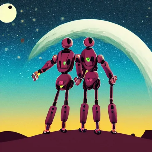 Image similar to illustration of two robots holding hands on a summit, standing, looking out toward a full moon on a starry night, beautiful, in the style of hirohiko araki