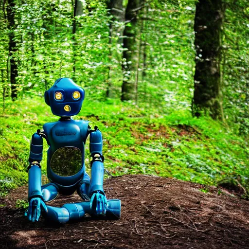 Image similar to professionnal photo of highly detailed robot sitting cross legged with its head pointing down on a small hill in a fantasy forest with blooming trees