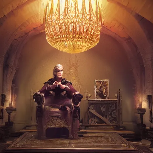 Prompt: the elder scrolls vi, charismatic regal blonde high elf male jarl, portrait, exquisitely designed throne room, atmospheric lighting, painted, intricate, volumetric lighting, beautiful, daytime, sunny weather, sharp focus, deep colours, ultra detailed, by leesha hannigan, ross tran, thierry doizon, kai carpenter, ignacio fernandez rios