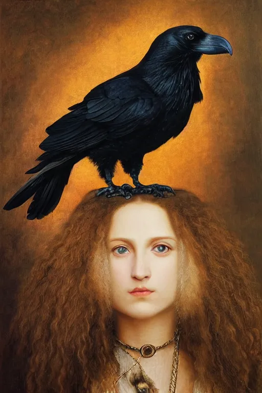Prompt: a breathtakingly stunningly beautifully highly detailed portrait of a majestic raven, by rosetti and michael cheval and turner, 4 k