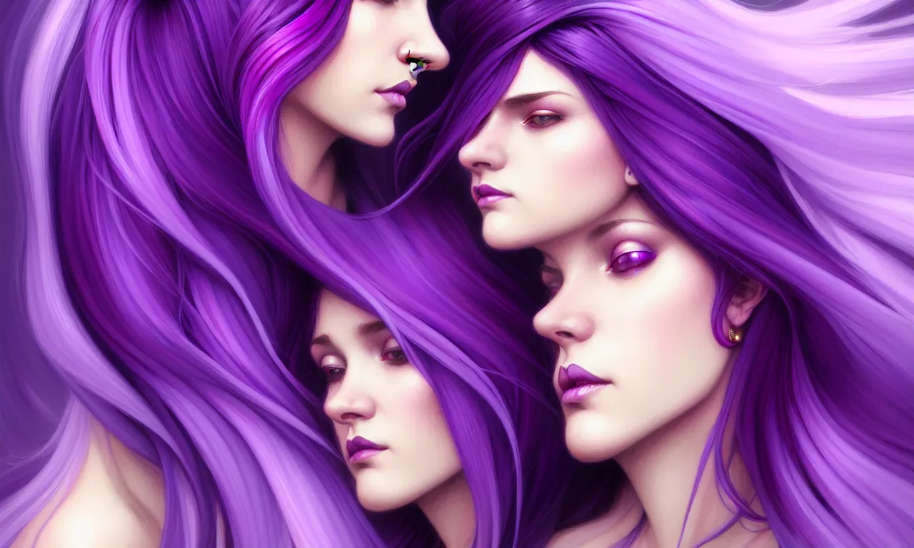 Image similar to Purple hair relistic Portrait of a two woman with bright colored flying hair, all shades of purple. Beauty face, Hair coloring, fantasy, intricate, elegant, highly detailed, digital painting, artstation, concept art, smooth, sharp focus, illustration, art by artgerm and greg rutkowski and alphonse mucha