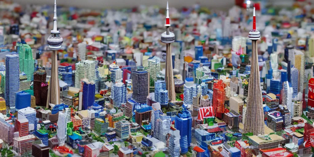 Prompt: a model of toronto, cn tower, skydome, constructed out of fast food cups and packaging, miniature photography, diorama, wide - angle macro lens, art, award - winning, beautiful high resolution