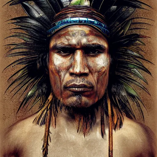 Prompt: a male tupi guarani warrior portrait, tropical plants covering the top part of his face, art by marco mazzoni, dark background, asymmetrical