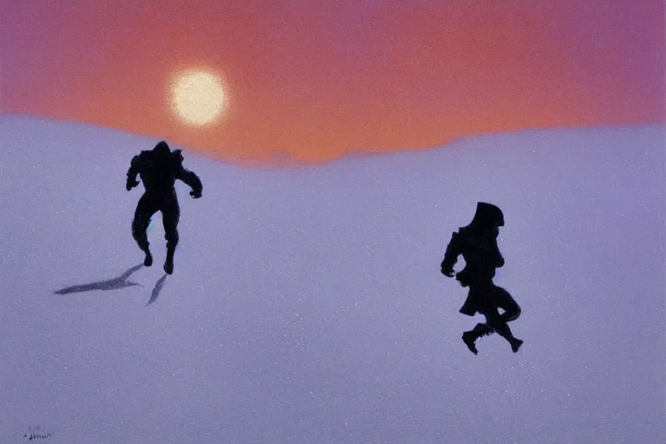 Prompt: atmospheric nightscene of a ninja running through a snow field by john harris