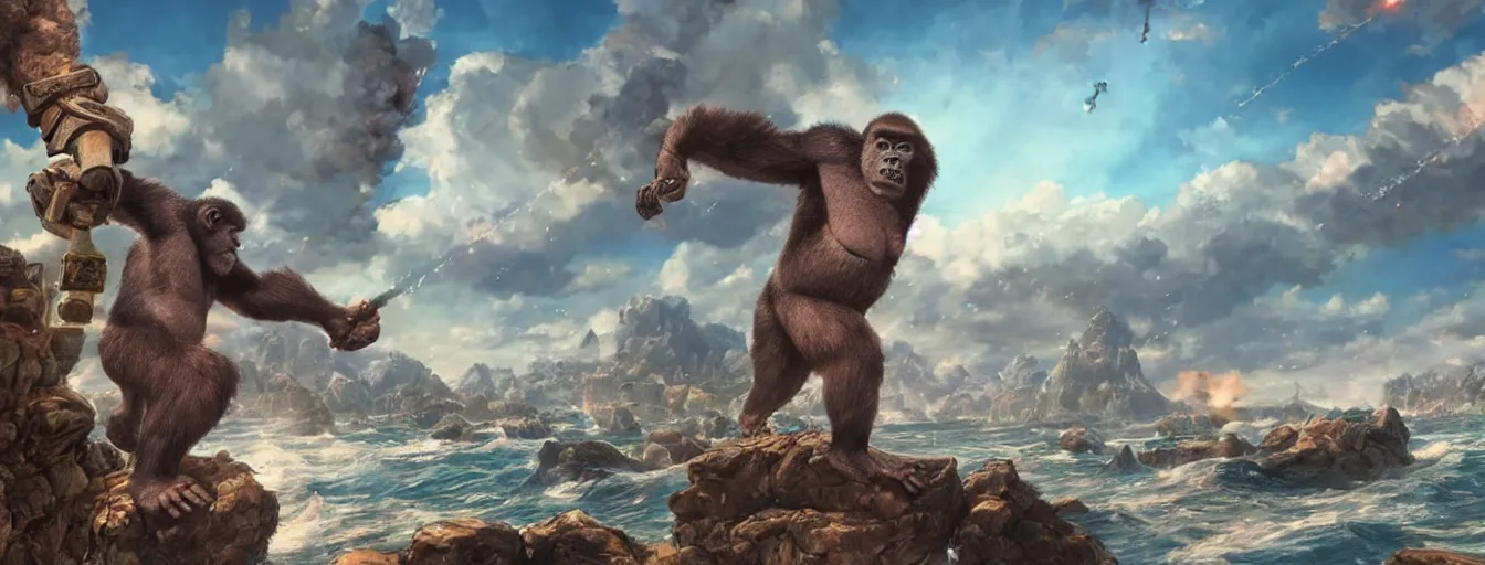 Prompt: a titantic slim gorilla throwing firstful of rocks in the sky at an incoming calvary. hyperrealistic anime background illustration by kim jung gi, colorful, extremely detailed intricate linework, smooth, super sharp focus, bright colors, high contrast, matte, octopath traveler, unreal engine 5 highly rendered, global illumination, radiant light