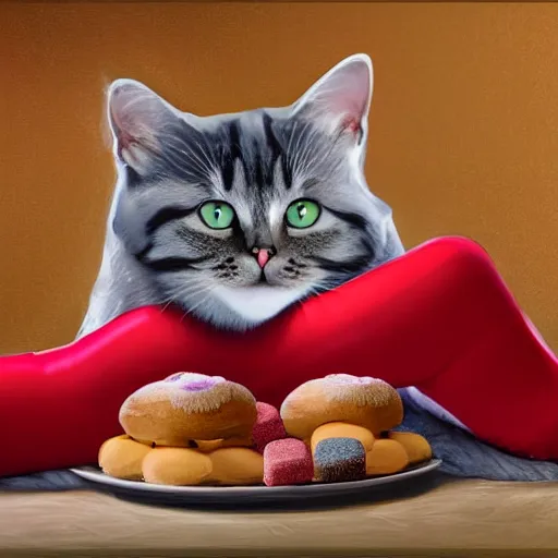 Prompt: cat wearing cozy red socks, looking at a bundle of donuts at a coffee shop at noon, 4k digital art, detailed semitransparent reflections, 8k