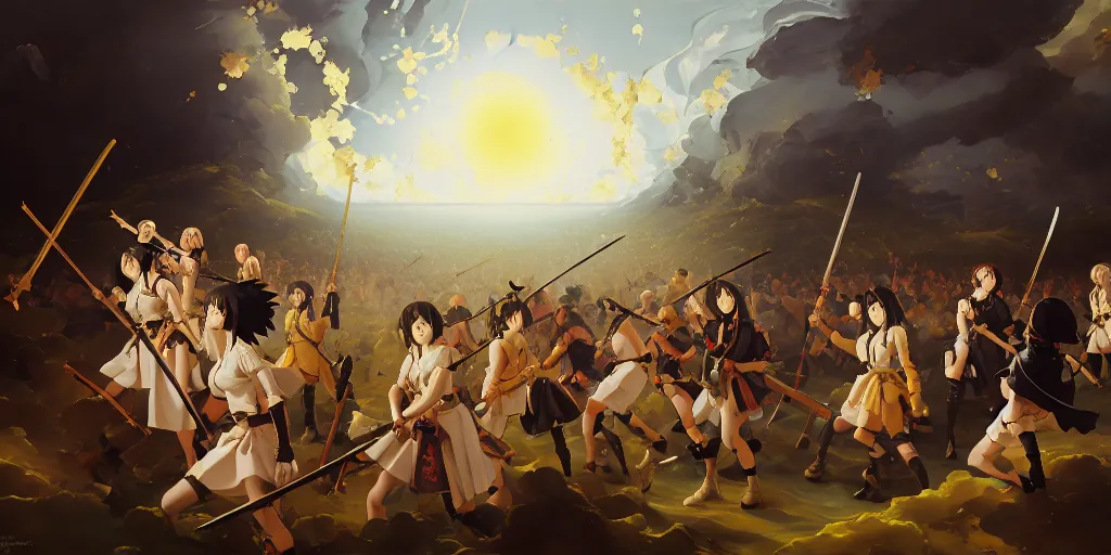 Image similar to baroque oil painting of key visual environment concept art of anime maids fighting a crusade for the anglican church, brutalist, dark fantasy, rule of thirds golden ratio, fake detail, trending pixiv fanbox, acrylic palette knife, style of makoto shinkai studio ghibli genshin impact jamie wyeth james gilleard greg rutkowski chiho aoshima