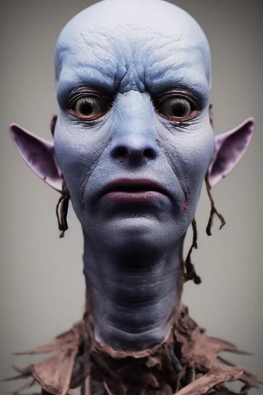 Image similar to Hyper realistic portrait of a Blue alien, Dark Studio Lighting, fog, by Emil Melmoth, Trending on Artstation, 8k