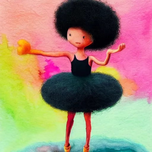 Prompt: a black girl with a colorful afro and big cute eyes doing ballet, bright colours, bokeh!! watercolor, volumetric wool felting, macro photography, children illustration, by goro fujita