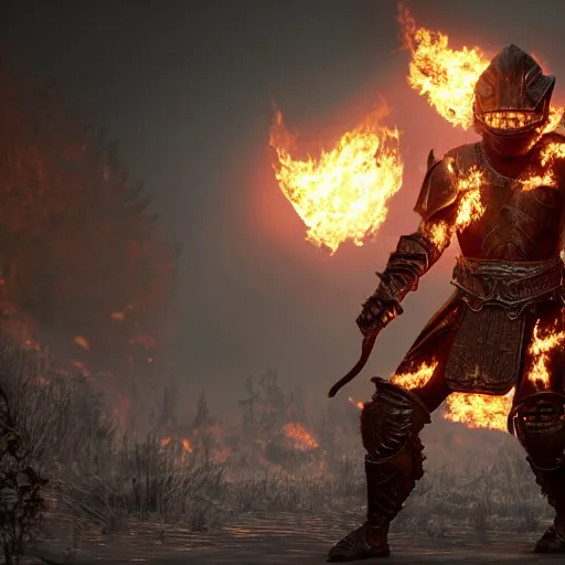 Image similar to hyperrealistic dslr film still of armor disguised as burning embers, in skyrim, stunning 8 k octane comprehensive 3 d render, inspired by istvan sandorfi & greg rutkowski & unreal engine, perfect symmetry, dim volumetric cinematic lighting, extremely hyper - detailed, extremely lifelike attributes & lifelike texture, intricate, masterpiece, artstation, stunning