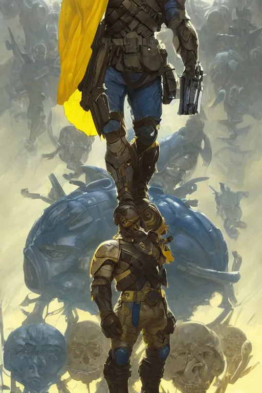 Prompt: A modern super soldier with a blue and yellow flag behind him is standing on a pile of skulls, D&D, fantasy, painted character portrait, highly detailed, digital painting, artstation, concept art, sharp focus, illustration, art by artgerm and greg rutkowski and alphonse mucha