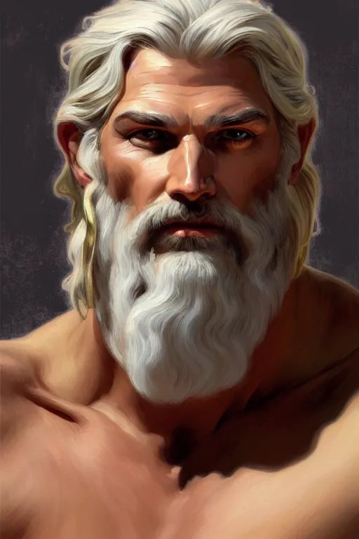 Image similar to painted portrait of rugged zeus, god of thunder, greek god, white hair, masculine, mature, handsome, upper body, flowy robe, muscular, hairy torso, fantasy, intricate, elegant, highly detailed, digital painting, artstation, concept art, smooth, sharp focus, illustration, art by gaston bussiere and alphonse mucha