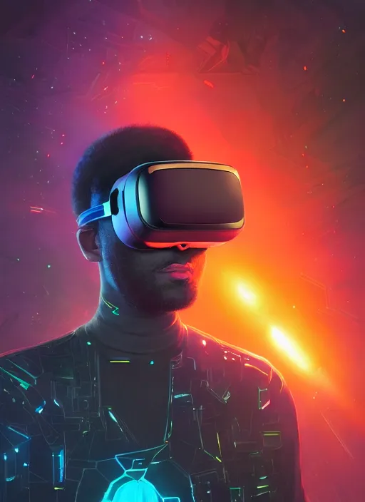 Image similar to black floating in space wearing a vr headset, urban attire, three dimensional holographic displays and laser keyboard, cinematic and dramatic, highly detailed, electric orange glowing lights, digital painting, artstation, concept art, smooth, sharp focus, illustration, art by wlop, uang guangjian and gil elvgren and sachin teng and greg rutkowski