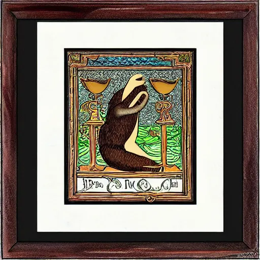 Prompt: sloth as the king of cups, framed, intricate details, medieval art style, posterized