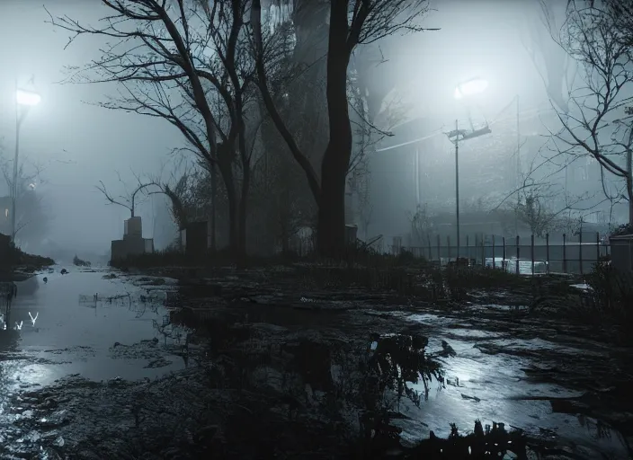 Image similar to dark, misty, foggy, flooded new york city street swamp in Destiny 2, liminal creepy, dark, dystopian, abandoned highly detailed 4k 60fps in-game destiny 2 screenshot gameplay showcase