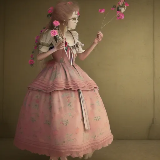 Image similar to 8 k, octane render, realism, tonalism, renaissance, rococo, baroque, cotton candy, portrait of a creepy young lady wearing long 1 9 7 0 s babydoll dress with flowers and skulls