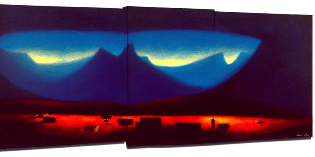 Prompt: cartoon paul lehr narrow night landscape with farawaymountains dark blue tones