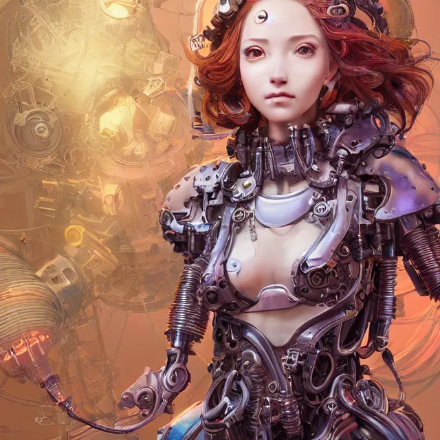 Image similar to the portrait of true neutral semi - colorful female cyborg mechanist as absurdly beautiful, gorgeous, elegant, young woman looking up, an ultrafine hyperdetailed illustration by kim jung gi, irakli nadar, intricate linework, bright colors, octopath traveler, final fantasy, unreal engine 5 highly rendered, global illumination, radiant light, detailed and intricate environment