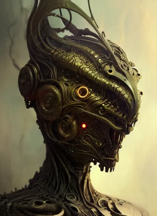 Image similar to organic cyborg, dragon mask, diffuse lighting, fantasy, intricate, elegant, highly detailed, lifelike, photorealistic, digital painting, artstation, illustration, concept art, smooth, sharp focus, art by John Collier and Albert Aublet and Krenz Cushart and Artem Demura and Alphonse Mucha