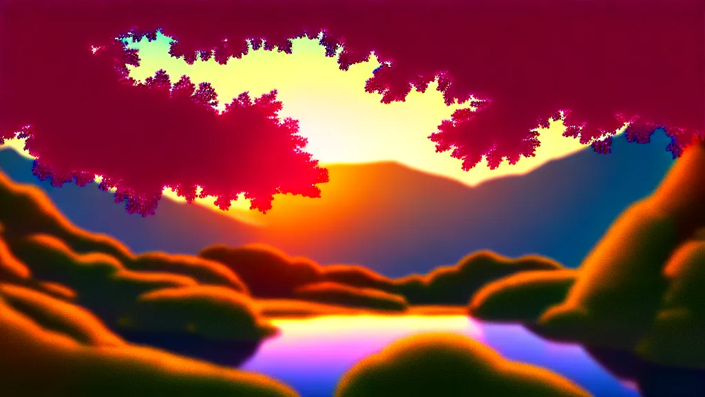 Image similar to featured on artstation cherry tree overlooking valley waterfall sunset beautiful image stylized digital art