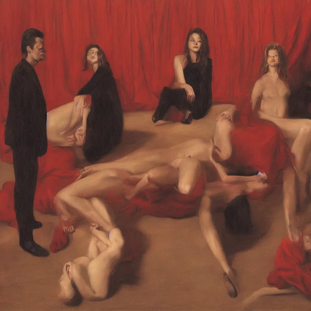 Prompt: Dale Cooper and Laura Palmer in The Red Room of Twin Peaks painted by Odd Nerdrum, classical figurative painting, oil painting, apelles palette, kitsch painting