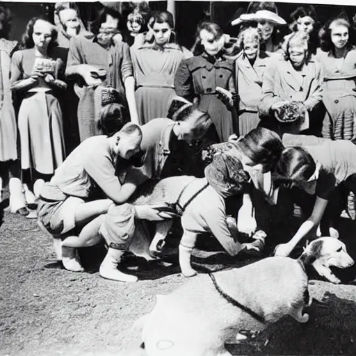 Prompt: 1940s photograph of a tribe of humans worshipping a puppy, award-winning