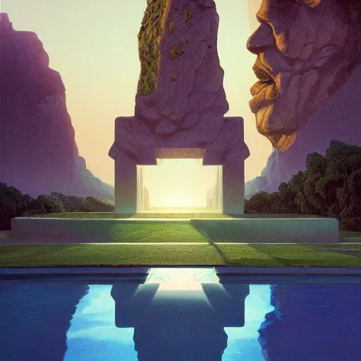 Image similar to Filip Hodas, minimalistic, hyperrealistic surrealism, award winning masterpiece with incredible details, epic stunning, infinity pool, a surreal vaporwave liminal space, highly detailed, trending on ArtStation, artgerm and greg rutkowski and alphonse mucha, daily deviation, IAMAG, broken giant marble head statue ruins, golden hour