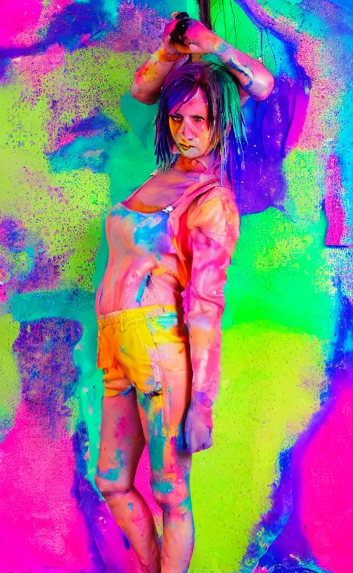 Image similar to grungy woman, rainbow hair, soft eyes and narrow chin, dainty figure, wet t-shirt, torn overalls, skimpy shorts, covered in neon paint, luminescent, dark, dramatic, cinematic, Sony a7R IV, symmetric balance, polarizing filter, Photolab, Lightroom, 4K, Dolby Vision, Photography Award