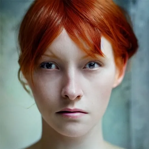 Prompt: “ close up fashion model red hair looking at lens painting detail masterpiece in style of andrew wyeth ”